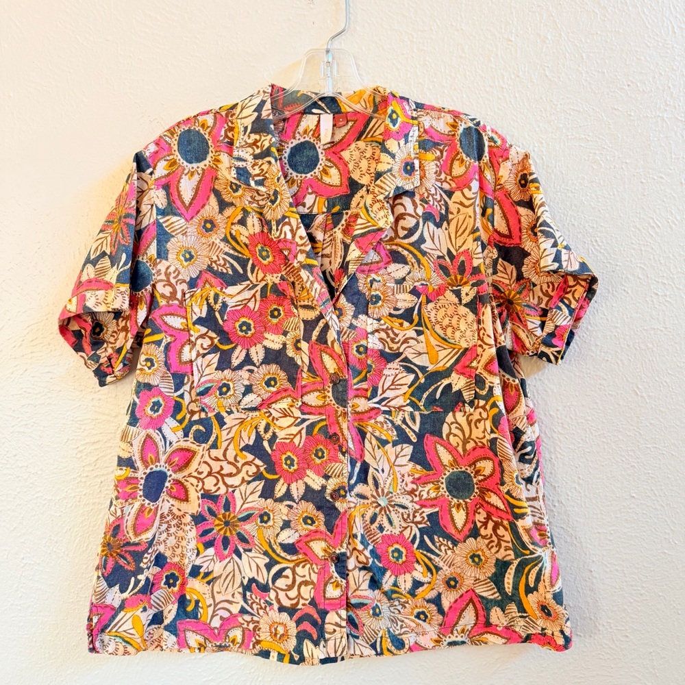 Anthropologie Floral Button-Down Shirt in Pink, Navy & Yellow